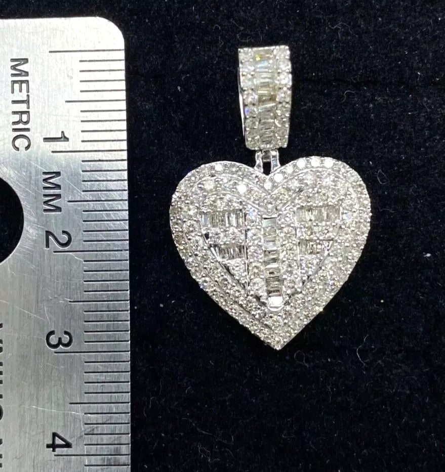 1.55CT Genuine Round Baguette Diamonds Heart Pendant 14KT Gold