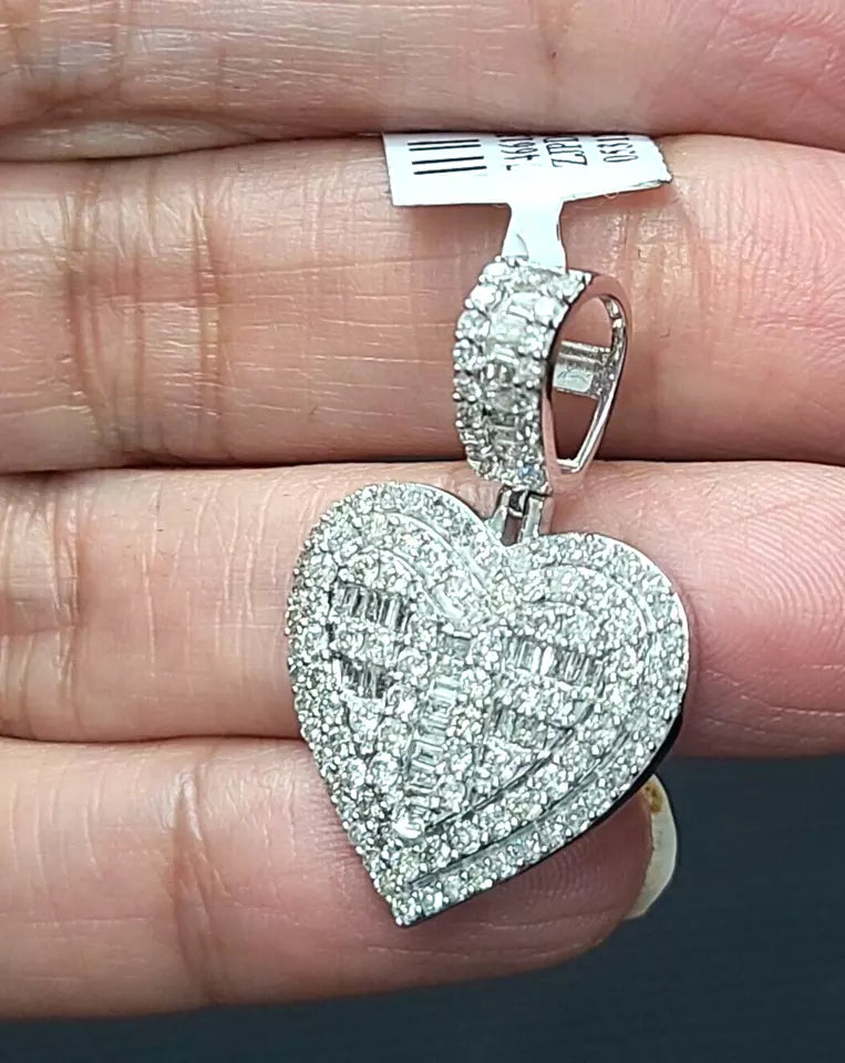 1.55CT Genuine Round Baguette Diamonds Heart Pendant 14KT Gold