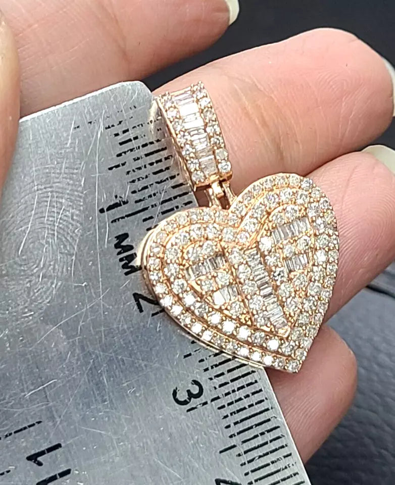 1.55CT Genuine Round Baguette Diamonds Heart Pendant 14KT Gold