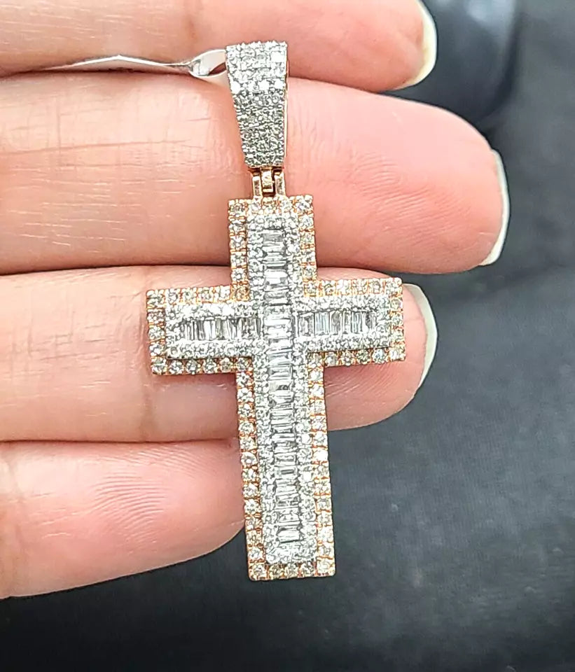 1.50CTW Genuine Baguettes Diamond Cross Pendant in 14KT Rose Gold 40mm