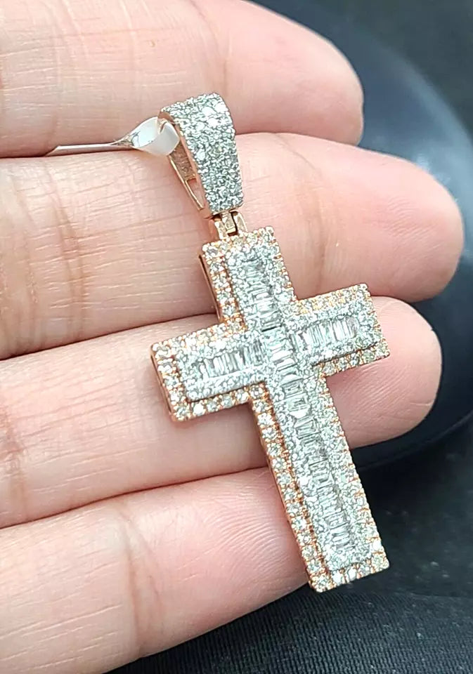 1.50CTW Genuine Baguettes Diamond Cross Pendant in 14KT Rose Gold 40mm