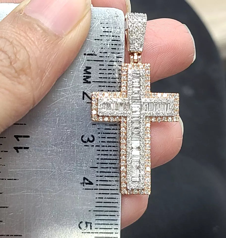 1.50CTW Genuine Baguettes Diamond Cross Pendant in 14KT Rose Gold 40mm