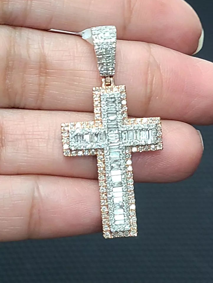 1.50CTW Genuine Baguettes Diamond Cross Pendant in 14KT Rose Gold 40mm