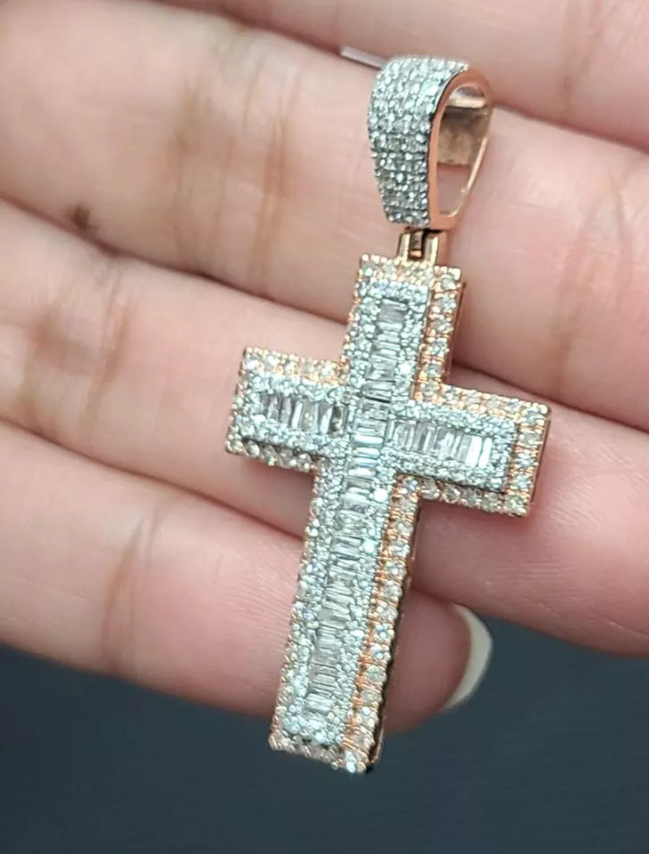 1.50CTW Genuine Baguettes Diamond Cross Pendant in 14KT Rose Gold 40mm