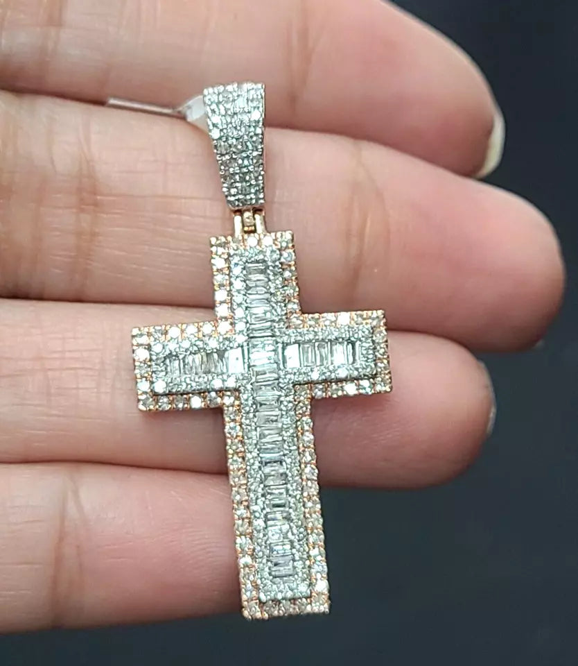 1.50CTW Genuine Baguettes Diamond Cross Pendant in 14KT Rose Gold 40mm