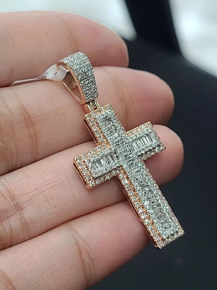 1.50CTW Genuine Baguettes Diamond Cross Pendant in 14KT Rose Gold 40mm