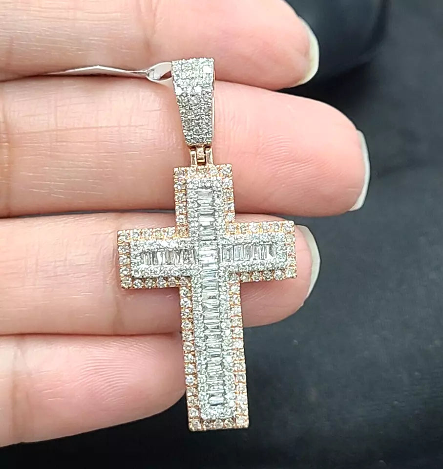 1.50CTW Genuine Baguettes Diamond Cross Pendant in 14KT Rose Gold 40mm