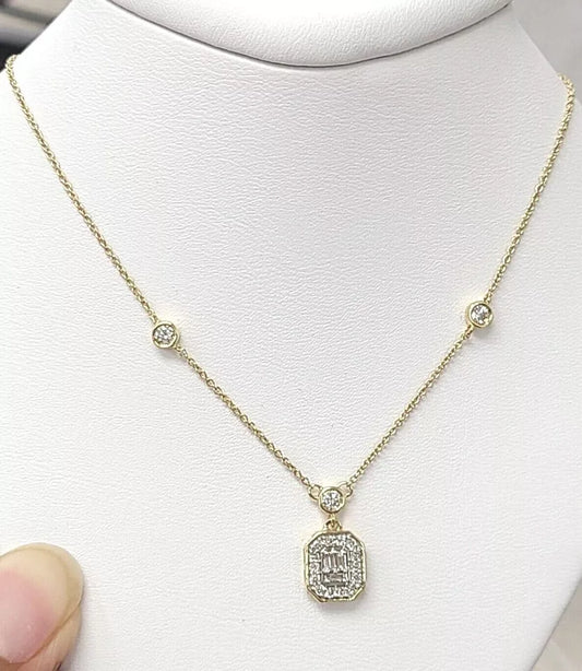 0.40CTW Natural Genuine Baguette Diamond Drop 14KT Gold Necklace 16"