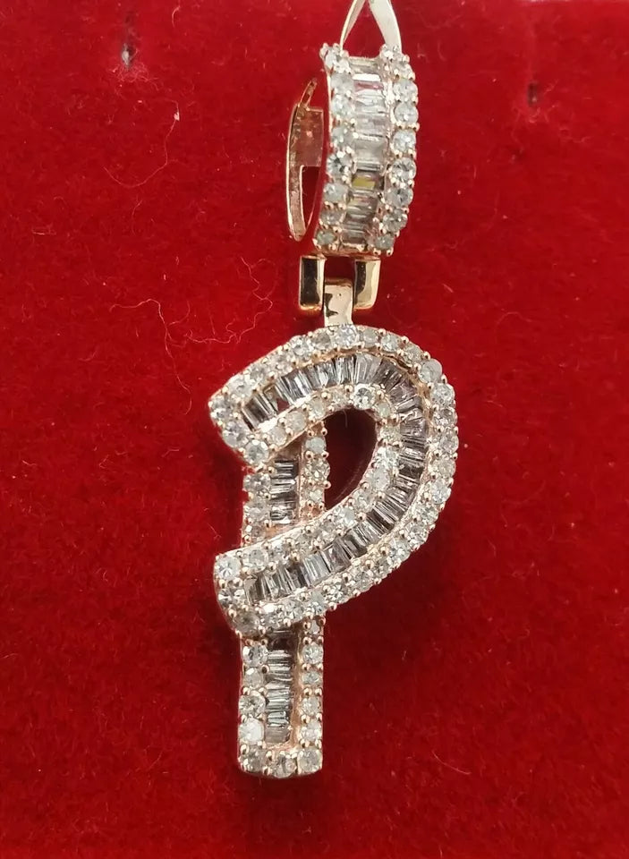 0.60CTW Diamond Alphabet Initial Letter "P" Charm Pendant, 2.8GM 10KT Gold