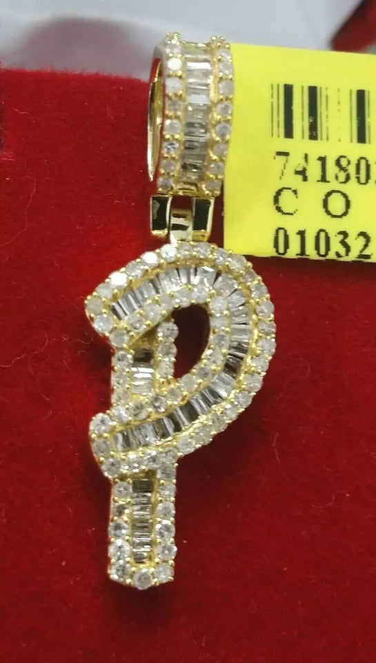 0.60CTW Diamond Alphabet Initial Letter "P" Charm Pendant, 2.8GM 10KT Gold