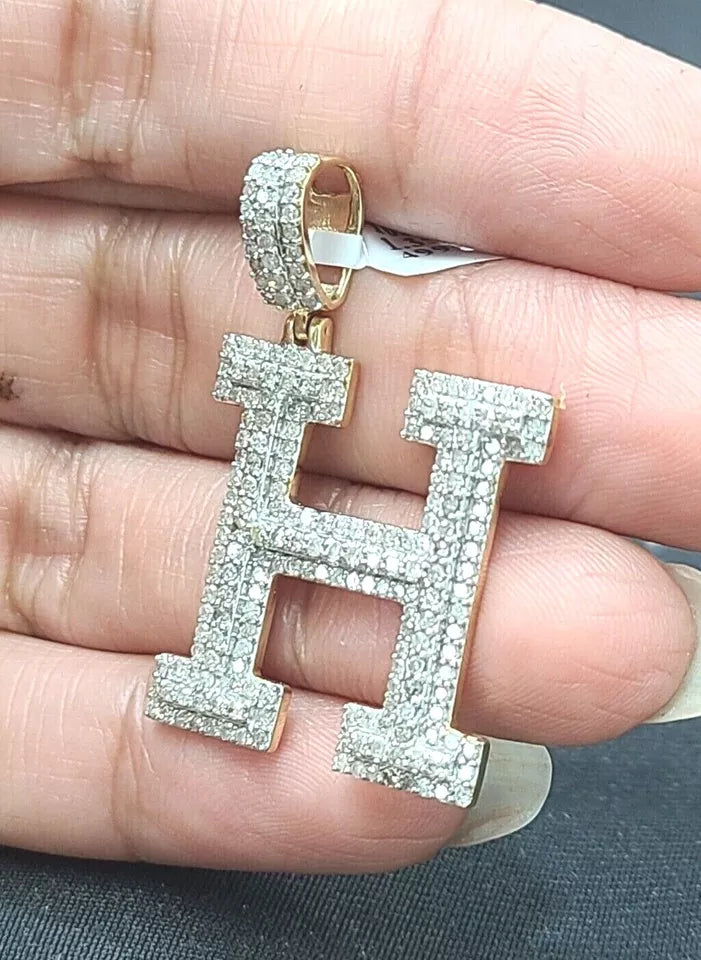 1.35CTW Diamond Alphabet Initial Letter "H" Charm Pendant, Gold/White/Rose Pink 5.6GM