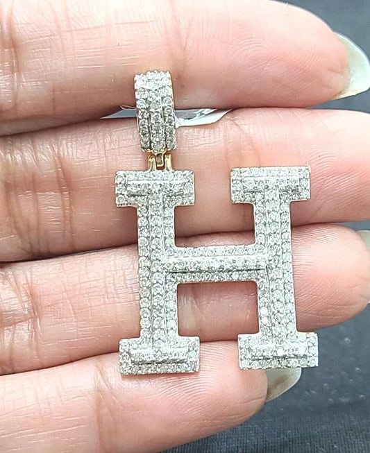 1.35CTW Diamond Alphabet Initial Letter "H" Charm Pendant, Gold/White/Rose Pink 5.6GM