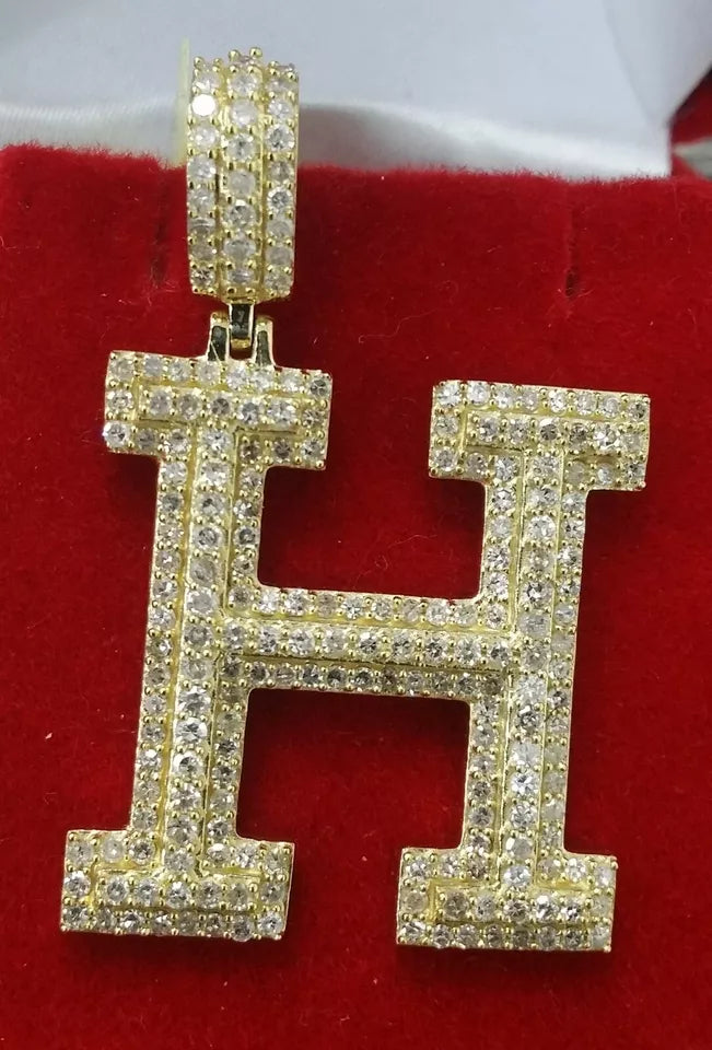 1.35CTW Diamond Alphabet Initial Letter "H" Charm Pendant, Gold/White/Rose Pink 5.6GM