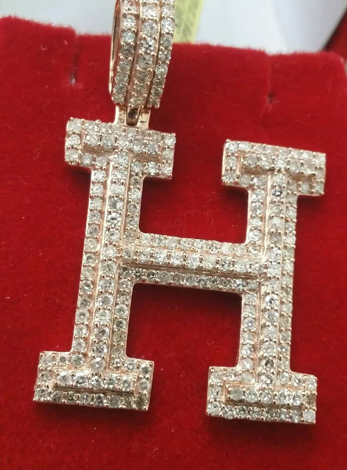 1.35CTW Diamond Alphabet Initial Letter "H" Charm Pendant, Gold/White/Rose Pink 5.6GM