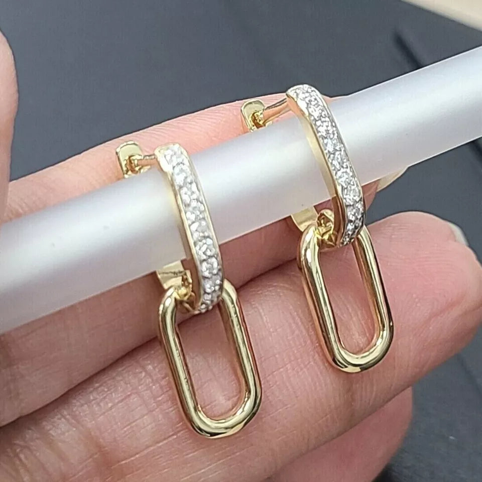 0.25CT Natural Round Diamond Dangle Paper Clip Ladies Earrings 14K Gold