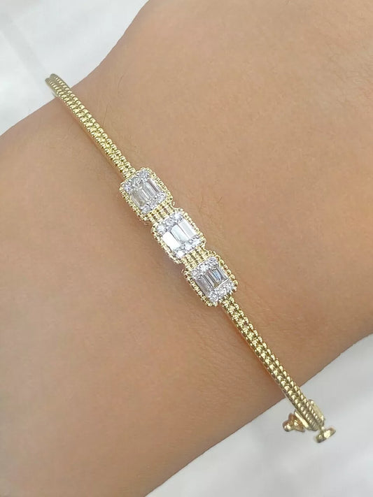 0.25CTW Natural Round Baguette Diamond Bangle Bracelet 14K White Gold 6.5"