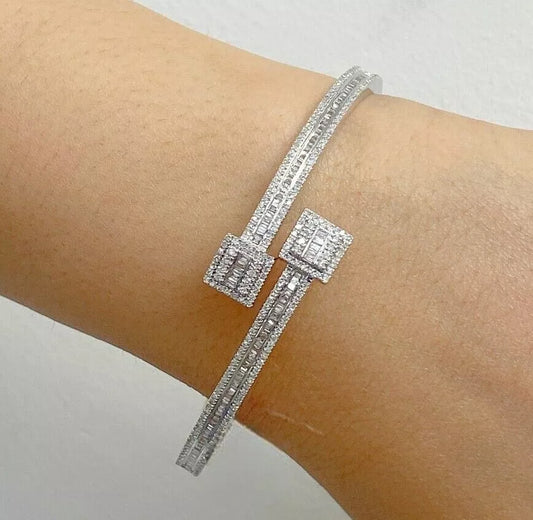 1.60CT Natural Baguette Diamond Cuff Bangle Bracelet 10K White Gold