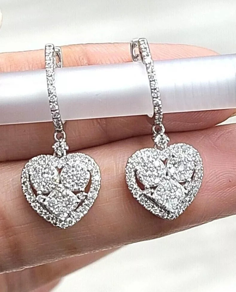 1.00 CT Natural Cluster Diamond Heart Drop Dangle Earrings 14k