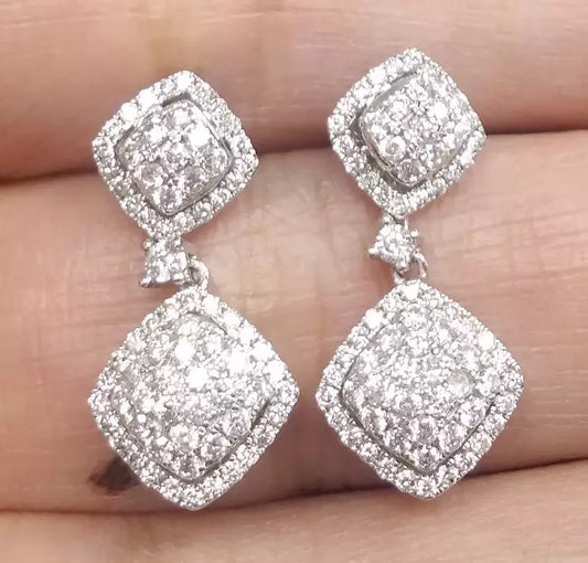 1.00CT Natural Round Diamond Cluster Dangle Earrings in 14K Gold 24mm