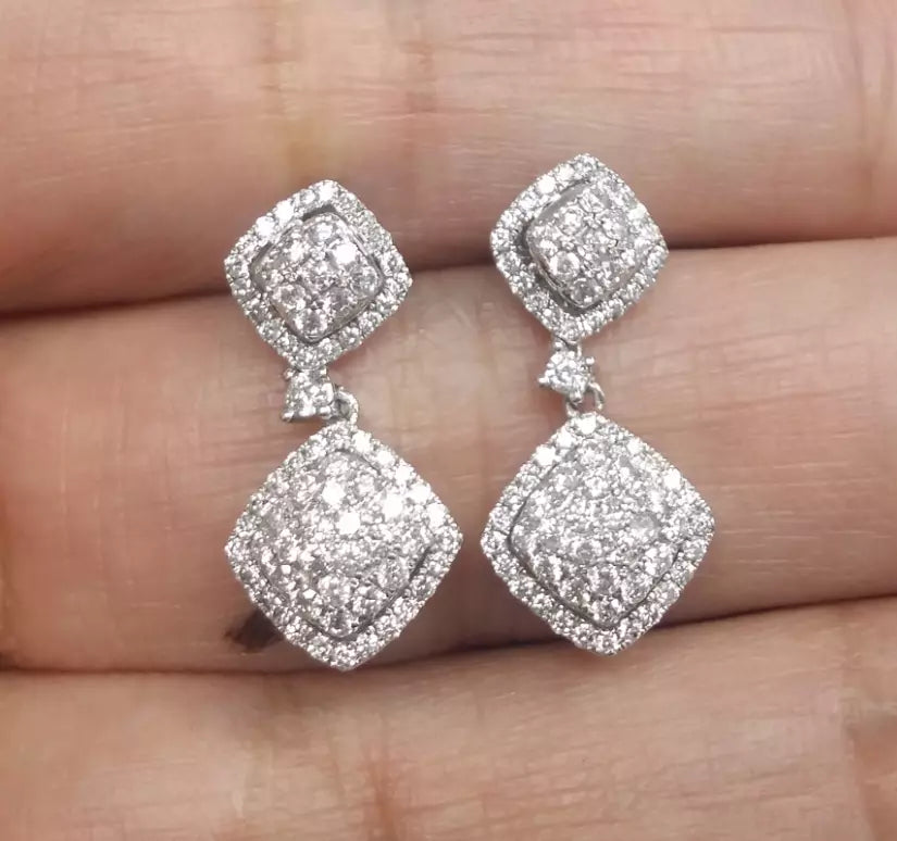 1.00CT Natural Round Diamond Cluster Dangle Earrings in 14K Gold 24mm