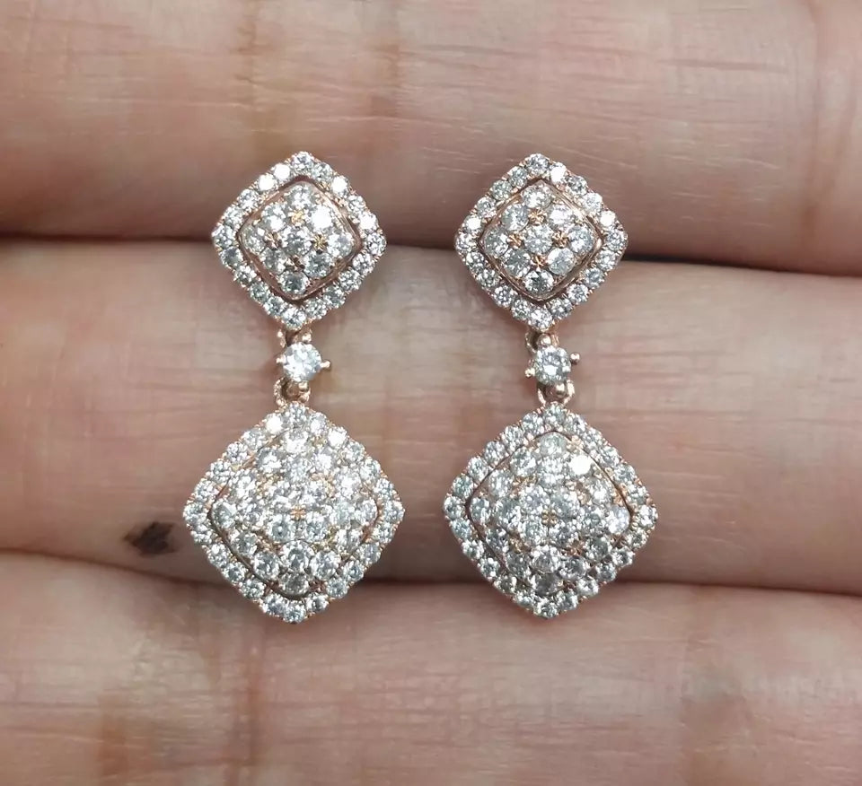 1.00CT Natural Round Diamond Cluster Dangle Earrings in 14K Gold 24mm