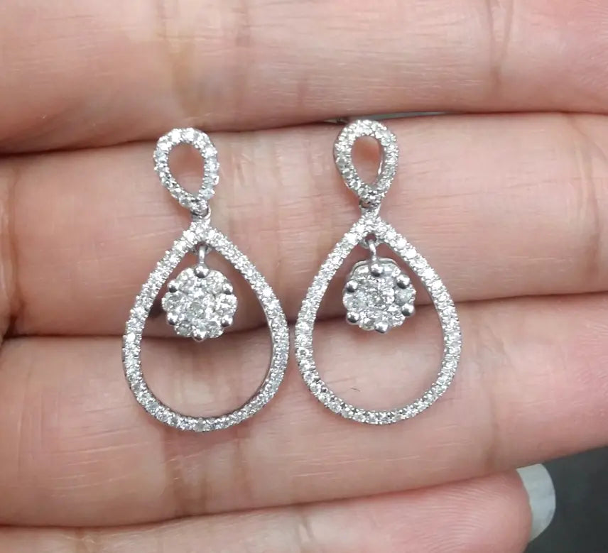 0.90CTW Natural Round Cluster Diamond Drop Earrings in 14K White Gold 23mm