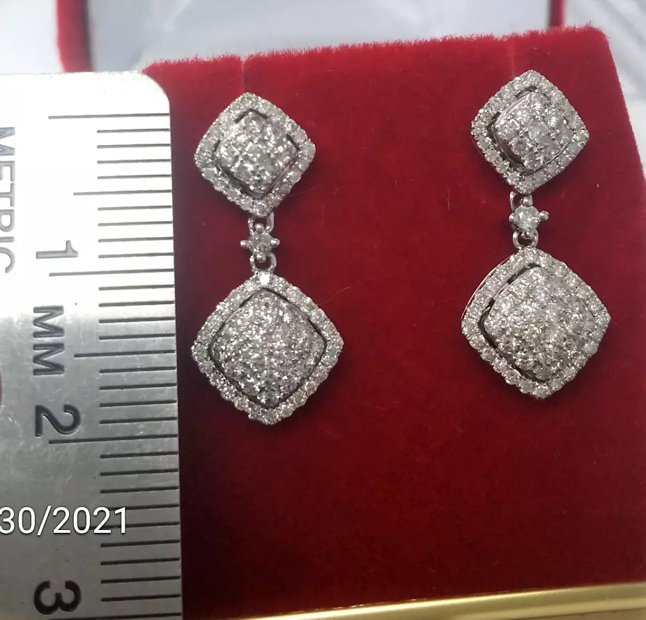 1.00CT Natural Round Diamond Cluster Dangle Earrings in 14K Gold 24mm