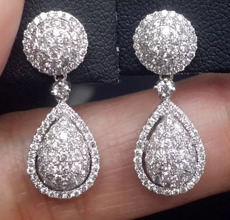 1.40CT Natural Round Diamond Cluster Tear Drop Dangle Earrings in 14K Rose Gold/White 24mm