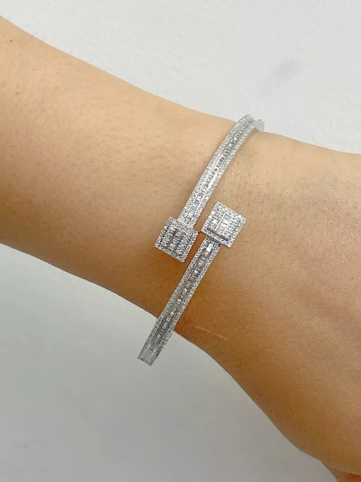 1.60CT Natural Baguette Diamond Cuff Bangle Bracelet 10K White Gold