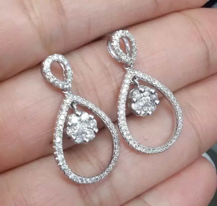 0.90CTW Natural Round Cluster Diamond Drop Earrings in 14K White Gold 23mm