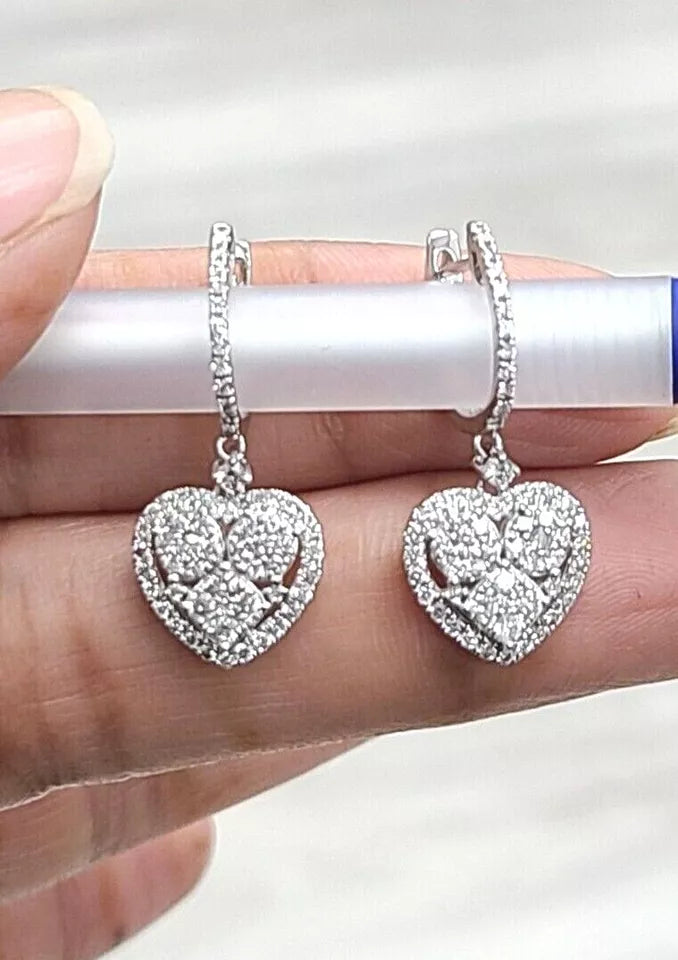 1.00 CT Natural Cluster Diamond Heart Drop Dangle Earrings 14k