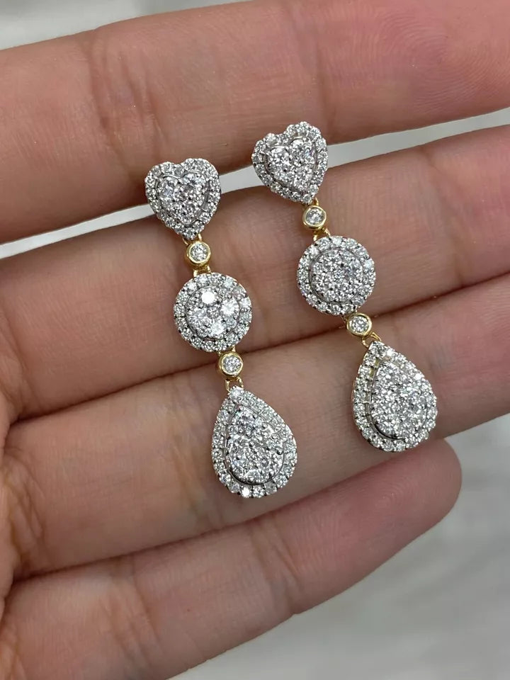 1.60 CTW Natural Round Diamond Heart Drop Dangle Earring 14K Gold