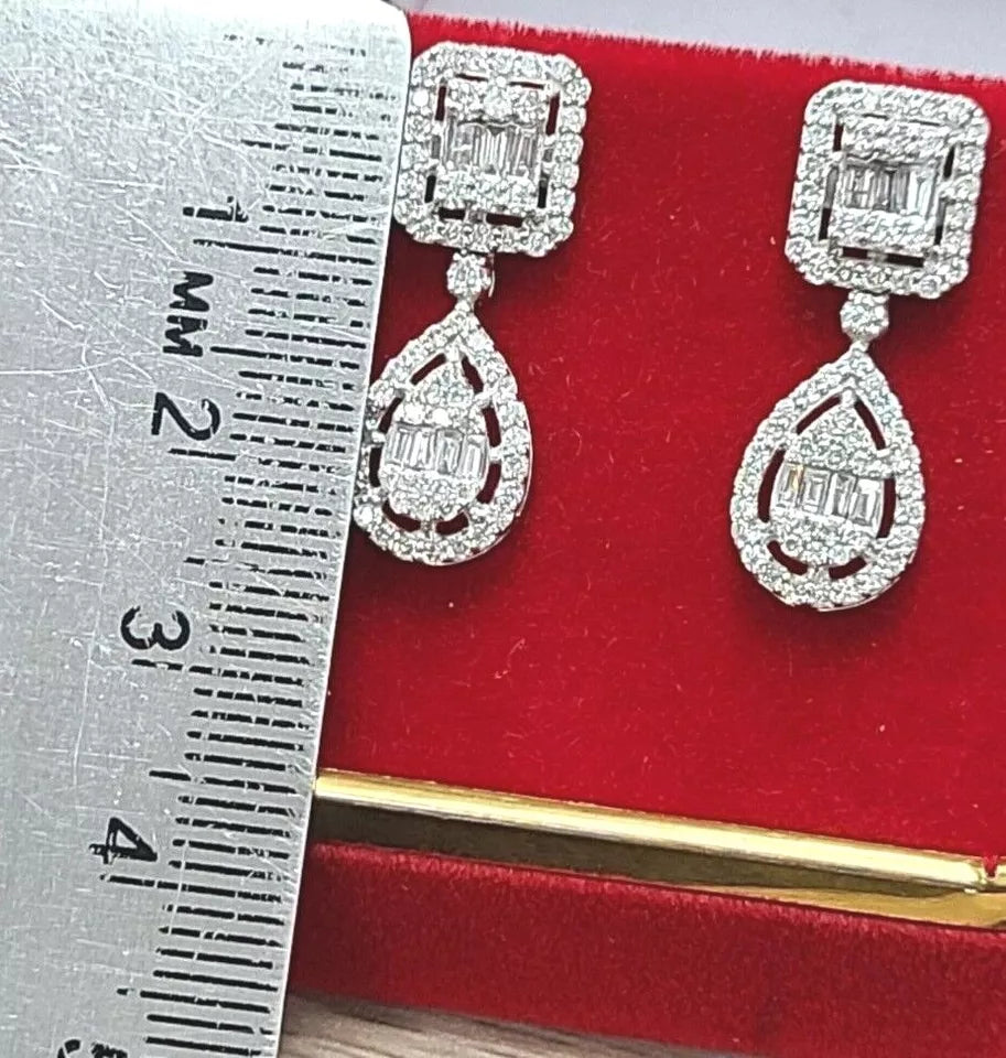 1.30 CTW Natural Baguettes Diamond Halo Drop Dangling Earrings 14K Gold