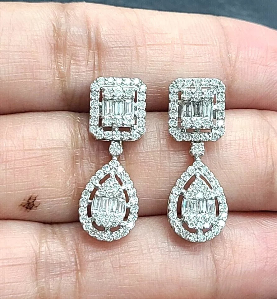 1.30 CTW Natural Baguettes Diamond Halo Drop Dangling Earrings 14K Gold