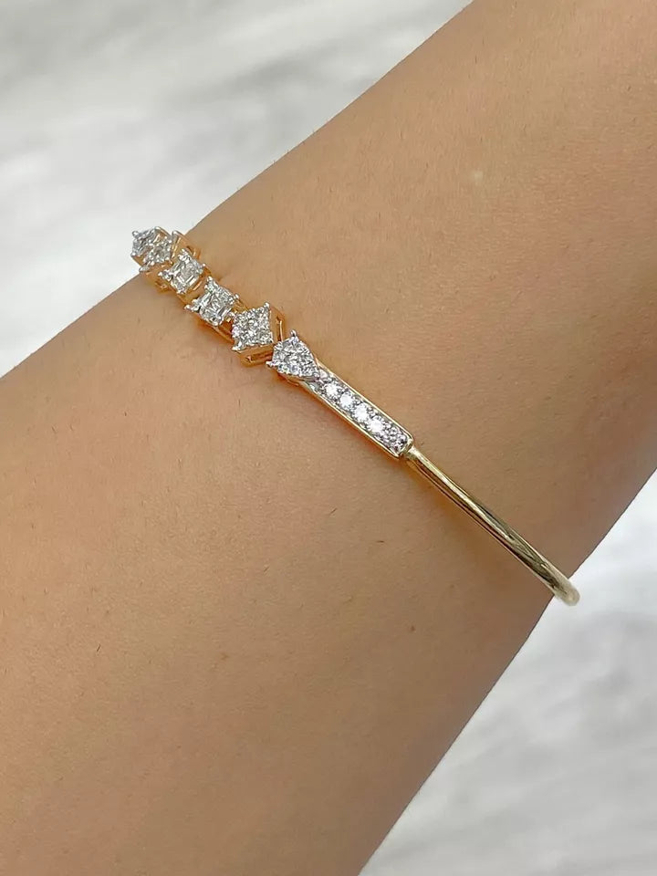 0.80 CTW Natural Round Diamond / Baguette Bangle Cuff Bracelet 14K Gold