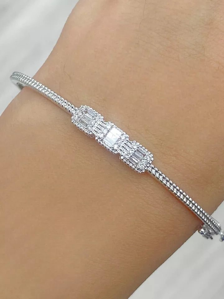 0.25CTW Natural Round Baguette Diamond Bangle Bracelet 14K White Gold 6.5"