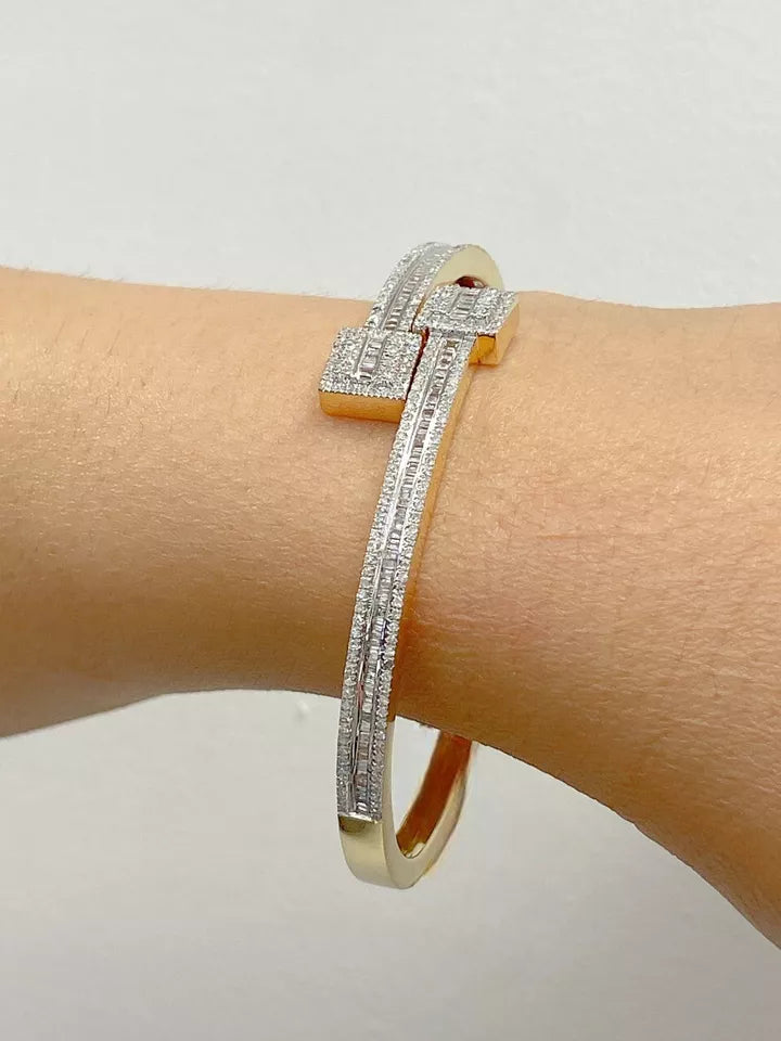 1.60CT Natural Baguette Diamond Cuff Bangle Bracelet 10K White Gold