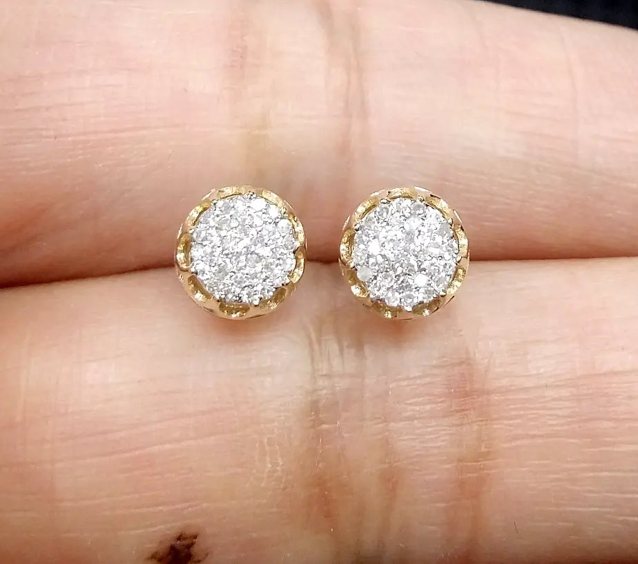 0.15 CTW Yellow Gold Real Diamond Studs 3D Pave Earrings  in 10K with 6.40MM