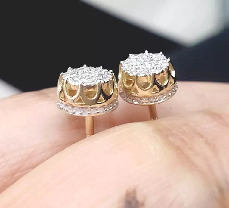 0.15 CTW Yellow Gold Real Diamond Studs 3D Pave Earrings  in 10K with 6.40MM