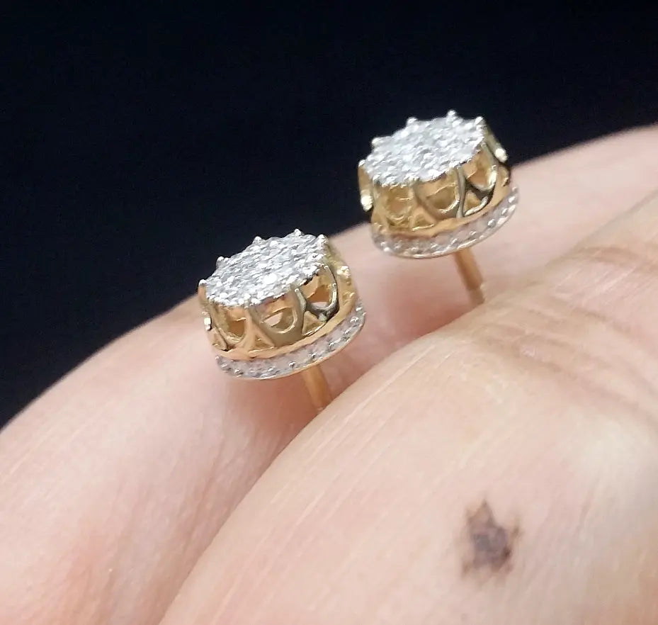 0.15 CTW Yellow Gold Real Diamond Studs 3D Pave Earrings  in 10K with 6.40MM