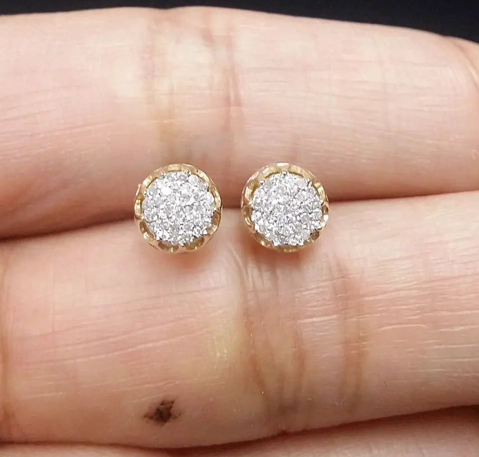 0.15 CTW Yellow Gold Real Diamond Studs 3D Pave Earrings  in 10K with 6.40MM