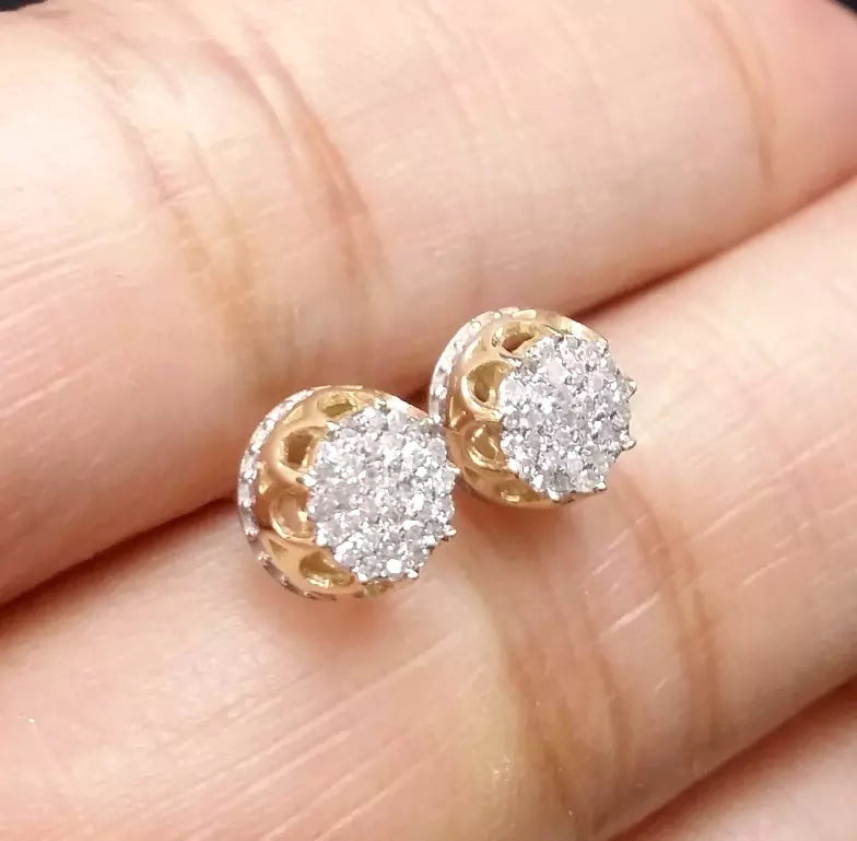 0.15 CTW Yellow Gold Real Diamond Studs 3D Pave Earrings  in 10K with 6.40MM