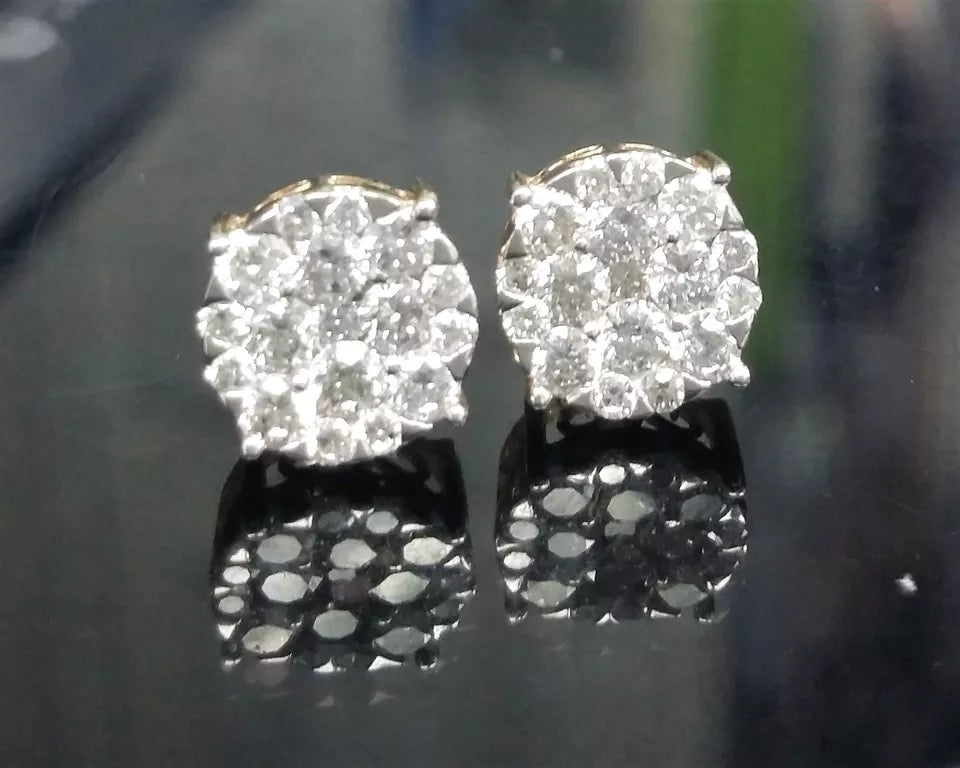 1.00CTW Natural Round Diamond Cluster Halo Studs Earrings in 10K Gold 8mm