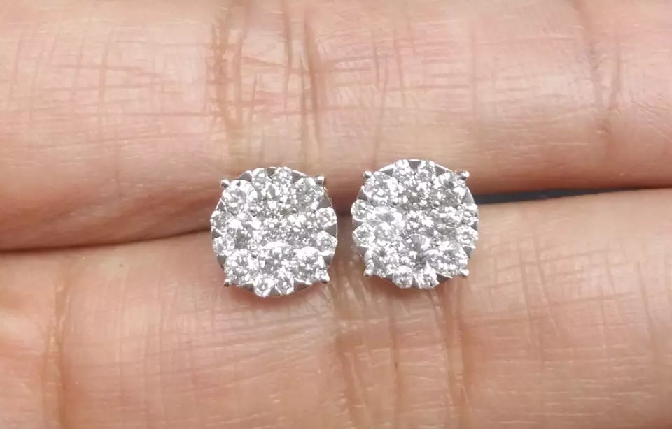 1.00CTW Natural Round Diamond Cluster Halo Studs Earrings in 10K Gold 8mm