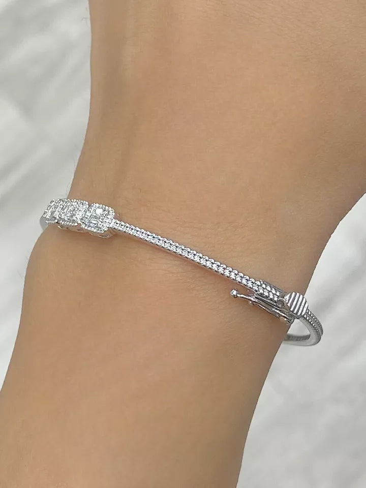 0.25CTW Natural Round Baguette Diamond Bangle Bracelet 14K White Gold 6.5"