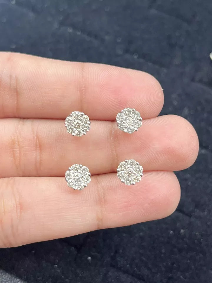 14K Gold Genuine Natural Round Cluster Diamonds Stud Earrings 0.55 CTW 6mm