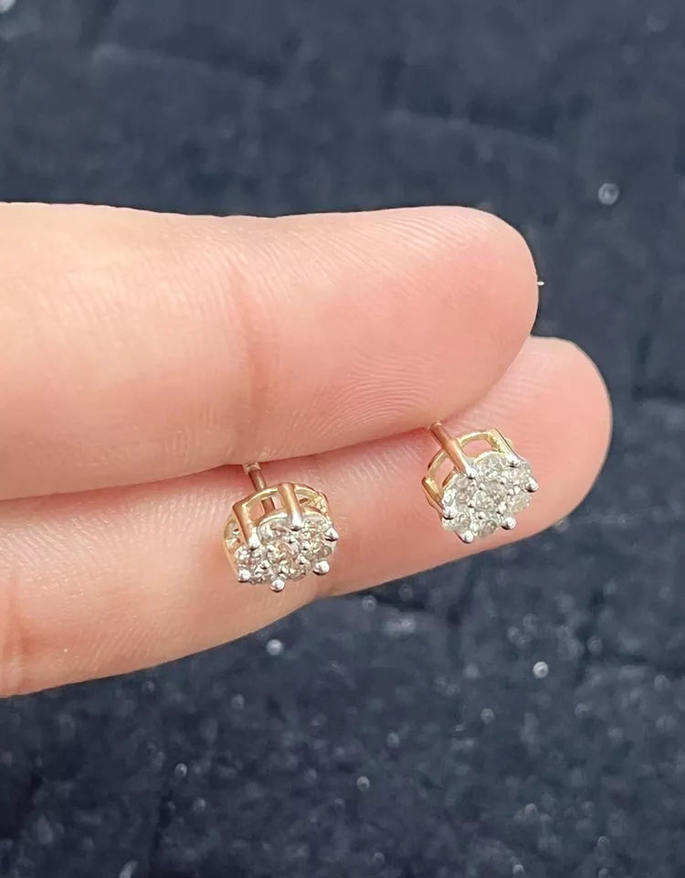 14K Gold Genuine Natural Round Cluster Diamonds Stud Earrings 0.55 CTW 6mm