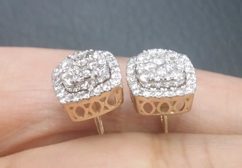 1.00CTW Natural Round Diamond Cluster Halo Studs Earrings in 14K Gold 9MM