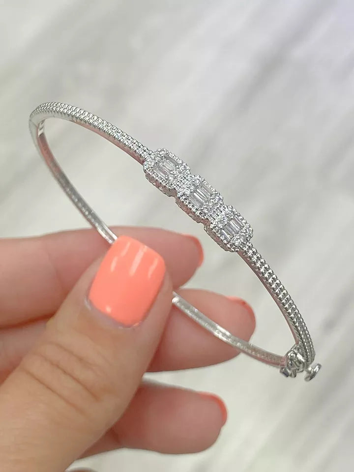 0.25CTW Natural Round Baguette Diamond Bangle Bracelet 14K White Gold 6.5"